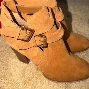 Michael Kors Camel Suede Ankle Booties with Gold Buckles
